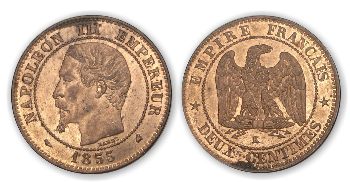 2 ctes Napoléon tête nue 1855 K (Bordeaux) chien 2 ctes Napoléon tête nue 1855 K (Bordeaux) chien