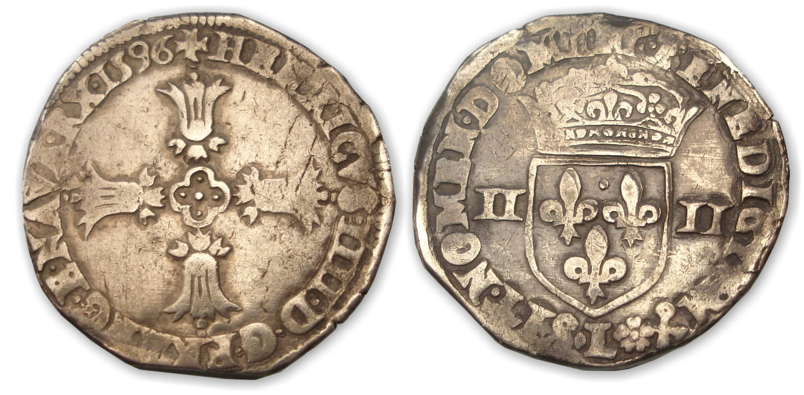 Henri IV - Quart d'écu croix feuillue 1596 L (Bayonne) Henri IV - Quart d'écu croix feuillue 1596 L (Bayonne)