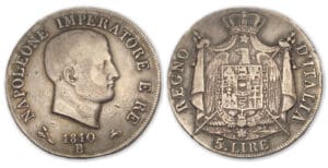 Italie - Napoléon 1er 5 lires 1810 B (Bologne)