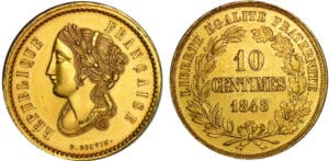 Deuxième république - 10 centimes concours de Boivin 1848 - Piéfort doré Deuxième république - 10 centimes concours de Boivin 1848 - Piéfort doré