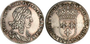 Louis XIII - ½ écu du 1er poinçon de Warin - 1642 A (Paris), .rose. Louis XIII - ½ écu du 1er poinçon de Warin - 1642 A (Paris), .rose.