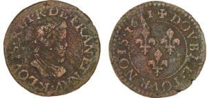 Louis XIII - Double tournois au buste enfantin et col plat - 1611 K (Bordeaux) - K inversé Louis XIII - Double tournois au buste enfantin et col plat - 1611 K (Bordeaux) - K inversé