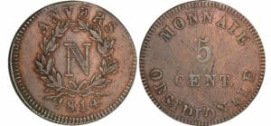 Siège d'Anvers - 5 centimes 3ème type - V au-dessus du nœud - 1814 (Atelier de Wolschot) Siège d'Anvers - 5 centimes 3ème type - V au-dessus du nœud - 1814 (Atelier de Wolschot)