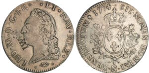 Louis XV - Ecu à la vieille tête - 1774 N (Montpellier) avec une contremarque IW & S Louis XV - Ecu à la vieille tête - 1774 N (Montpellier) avec une contremarque IW & S