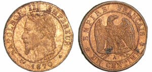 1 centime Napoléon III tête laurée - 1870  A (Paris) - Fauté , flan clipé bord de feuille