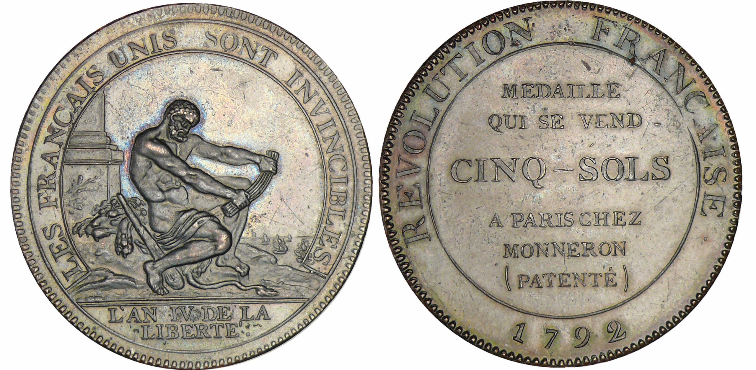 Monneron de 5 sols à l'Hercule - 1792 flan bruni Monneron de 5 sols à l'Hercule - 1792 flan bruni