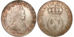Louis XV - Ecu vertugadin - 1716 D (Lyon) - Flan réformé Louis XV - Ecu vertugadin - 1716 D (Lyon) - Flan réformé