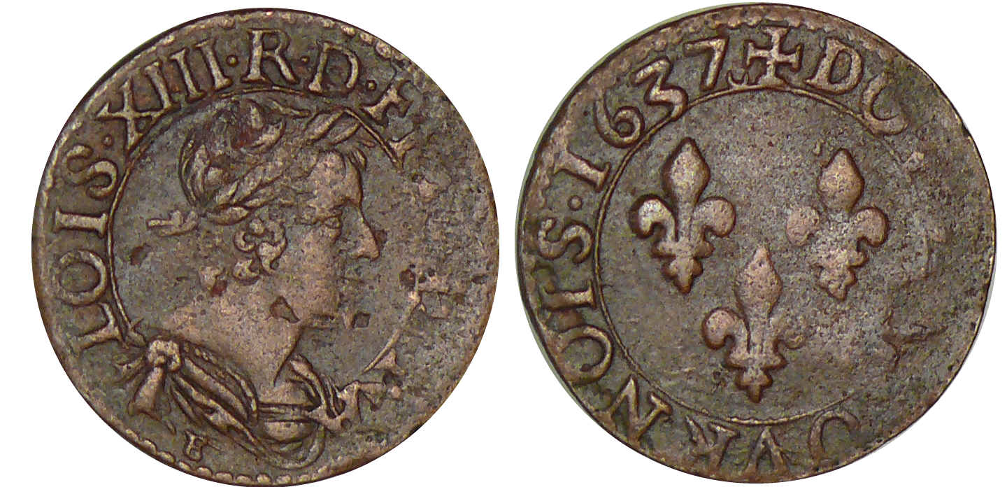 Louis XIII - Double tournois au buste viril drapé à l’antique - 1637 E (Tours) Louis XIII - Double tournois au buste viril drapé à l’antique - 1637 E (Tours)