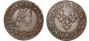 Louis XIII - Double tournois au buste enfantin et col fraisé - 1615 T (Nantes) Louis XIII - Double tournois au buste enfantin et col fraisé - 1615 T (Nantes)