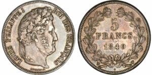 5 francs Louis-Philippe Ier - tête laurée - 2ème type - 1840 W (Lille)