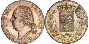 5 francs Louis XVIII au buste nu - 1824 W (Lille)