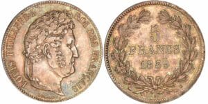 5 francs Louis-Philippe Ier - tête laurée - 2ème type - 1839 B (Rouen) 5 francs Louis-Philippe Ier - tête laurée - 2ème type - 1839 B (Rouen)