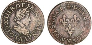 Louis XIII - Double tournois au buste enfantin et col plat - 1621 sur 1620 A (Paris) Louis XIII - Double tournois au buste enfantin et col plat - 1621 sur 1620 A (Paris)