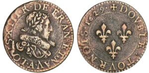 Louis XIII - Double tournois au buste juvénile et col fraisé - 1629 A (Paris) Louis XIII - Double tournois au buste juvénile et col fraisé - 1629 A (Paris)