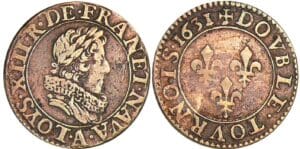 Louis XIII - Double tournois au buste juvénile et col fraisé - 1631 A (Paris) Louis XIII - Double tournois au buste juvénile et col fraisé - 1631 A (Paris)
