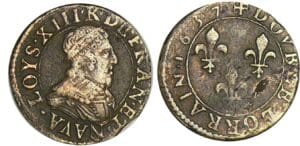 Louis XIII - Double lorrain au buste viril, tête laurée, col fraisé - 1637 (Stenay)