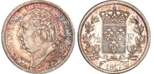 1/2 franc Louis XVIII au buste nu - 1817 W (Lille)