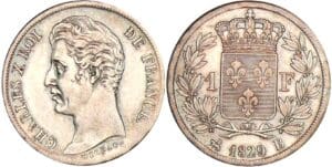 Charles X (1824-1830) - 1 franc 1829 B (Rouen) 4 feuilles