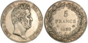 5 francs Louis-Philippe Ier- tête nue - tranche en creux 1830 D (Lyon) 5 francs Louis-Philippe Ier- tête nue - tranche en creux 1830 D (Lyon)