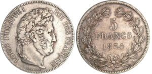5 francs Louis-Philippe Ier - tête laurée - 2ème type 1834 B (Rouen) 5 francs Louis-Philippe Ier - tête laurée - 2ème type 1834 B (Rouen)