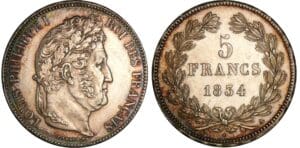 5 francs Louis-Philippe Ier - tête laurée - 2ème type 1834 A (Paris) 5 francs Louis-Philippe Ier - tête laurée - 2ème type 1834 A (Paris)