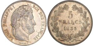 5 francs Louis-Philippe Ier - tête laurée - 2ème type 1835 D (Lyon) 5 francs Louis-Philippe Ier - tête laurée - 2ème type 1835 D (Lyon)