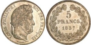 5 francs Louis-Philippe Ier - tête laurée - 2ème type 1837 K (Bordeaux) 5 francs Louis-Philippe Ier - tête laurée - 2ème type 1837 K (Bordeaux)