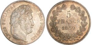 5 francs Louis-Philippe Ier - tête laurée - 2ème type 1839 W (Lille)