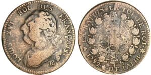 12 deniers type FRANCAIS - 1792 BB (Strasbourg) frappe casquette