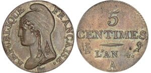 Directoire (1795-1799) - 5 centimes Dupré - petit module An 4 A (Paris) Directoire (1795-1799) - 5 centimes Dupré - petit module An 4 A (Paris)