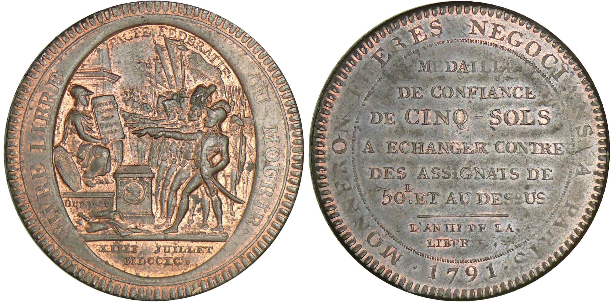 Monneron de 5 sols - 1791 AN III - date en chiffres romains Monneron de 5 sols - 1791 AN III - date en chiffres romains