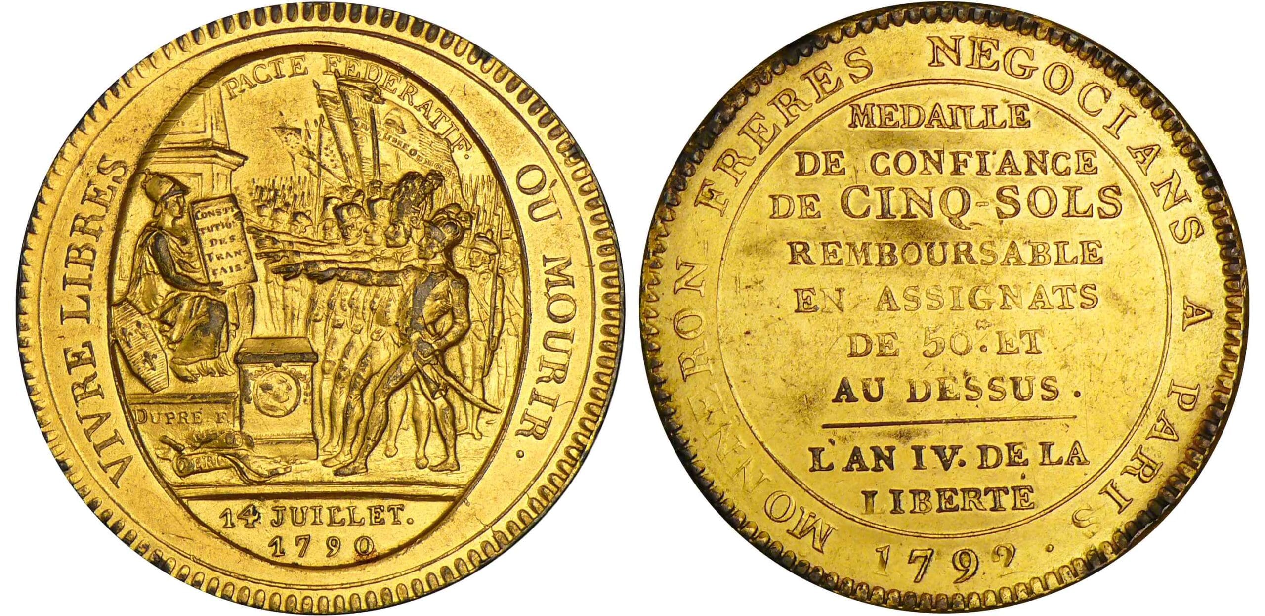 Monneron de 5 sols - 1792 - AN IV - flan doré Monneron de 5 sols - 1792 - AN IV - flan doré