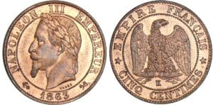 5 centimes Napoléon III tête laurée - 1863 K (Bordeaux)