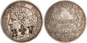 5 francs Cérès avec légende - 1870 A (Paris) avec une contremarque H lis V