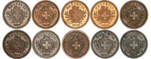 Suisse - Lot de 10 monnaies de 1 rappen