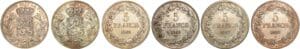 Belgique - Lot de 6 monnaies de 5 francs