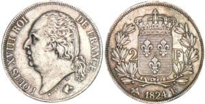 2 francs Louis XVIII au buste nu - 1824 B (Rouen)