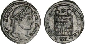 Constantin 1er - Nummus (324-325, Trèves) - Porte de camp Constantin 1er - Nummus (324-325, Trèves) - Porte de camp