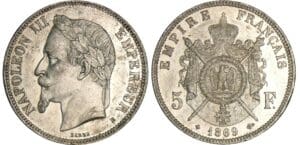 5 francs Napoléon III tête laurée - 1869 BB (Strasbourg) petit BB