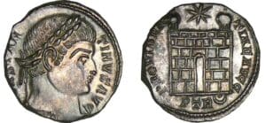 Constantin 1er - Nummus (324-325, Trèves) - Porte de camp Constantin 1er - Nummus (324-325, Trèves) - Porte de camp