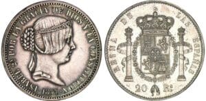 Espagne - Isabelle - 20 reales 1855 essai (patten) en étain