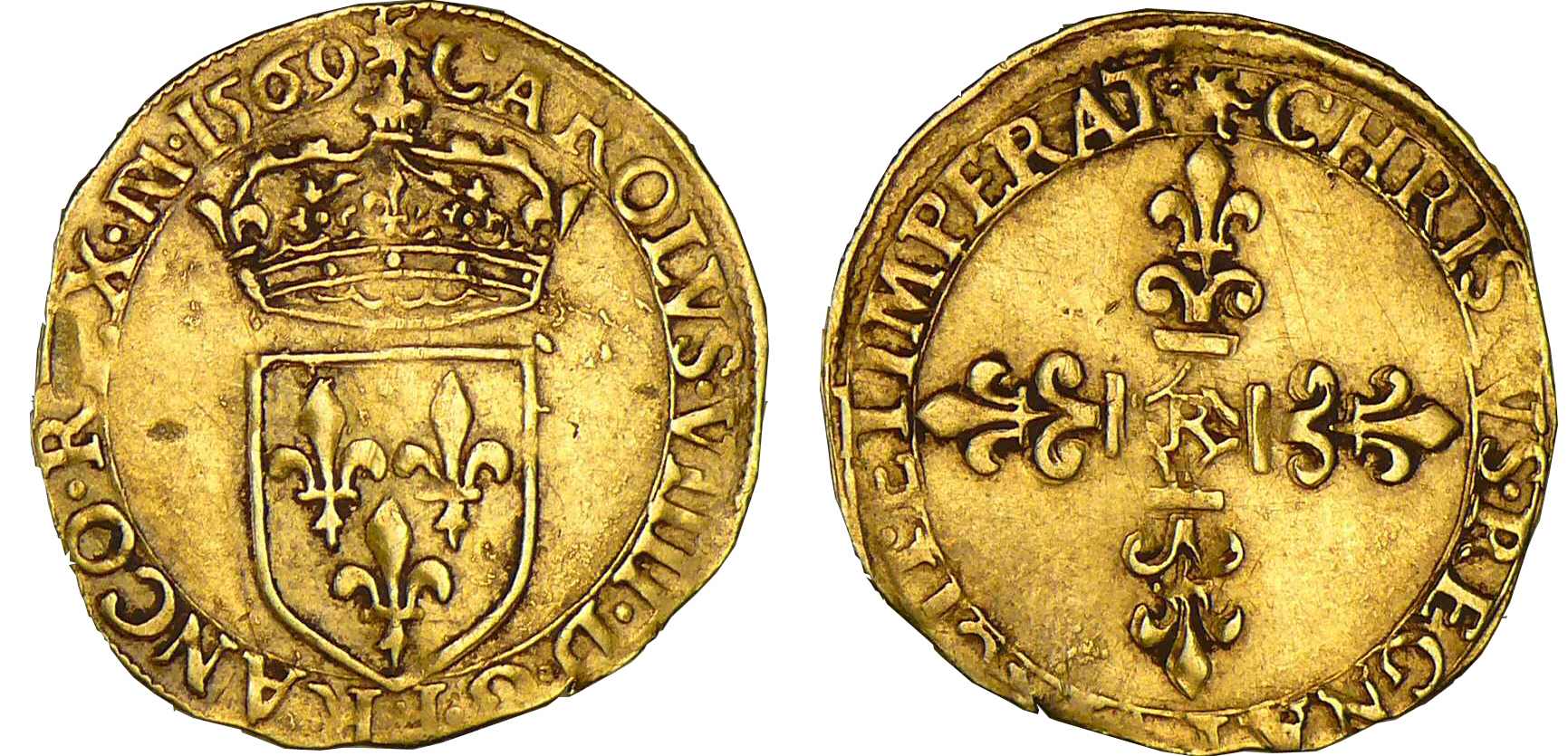 Charles IX - Ecu d'or - 1er type - 1569 R (Villeneuve-Saint-André-les-Avignon) Charles IX - Ecu d'or - 1er type - 1569 R (Villeneuve-Saint-André-les-Avignon)