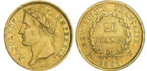 20 francs Napoléon revers république - 1808 W (Lille) 20 francs Napoléon revers république - 1808 W (Lille)
