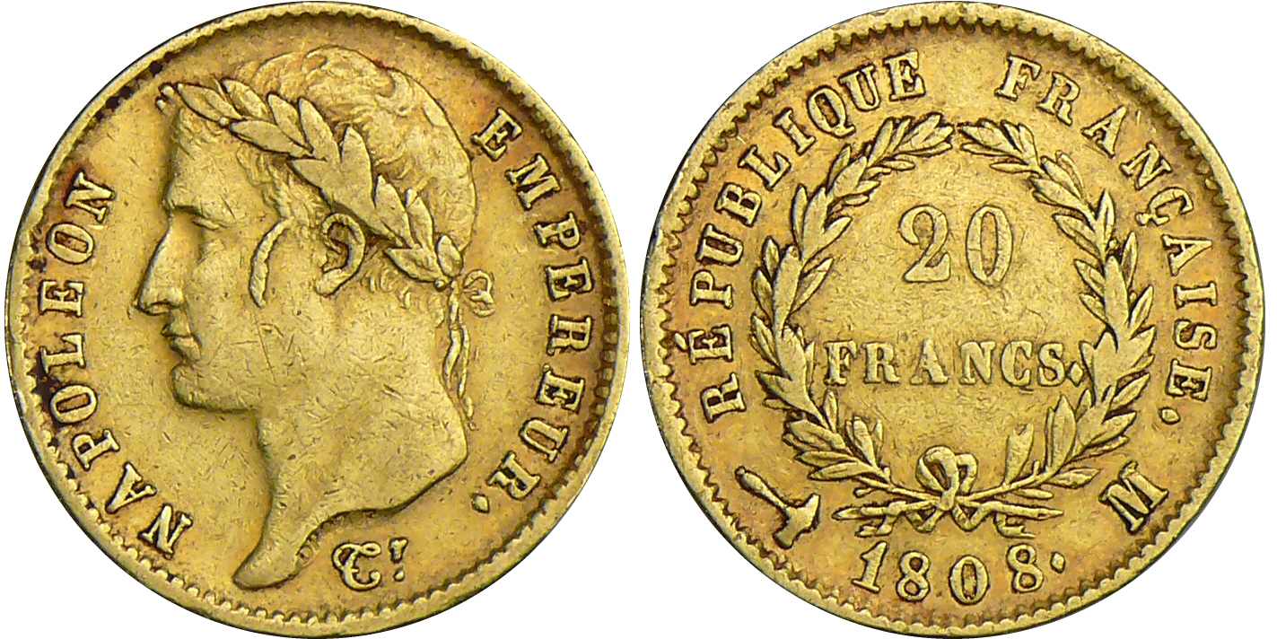 20 francs Napoléon revers république - 1808 M (Toulouse) 20 francs Napoléon revers république - 1808 M (Toulouse)