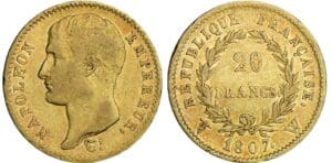 20 francs Napoléon Ier tête nue - type transitoire - 1807 W (Lille)