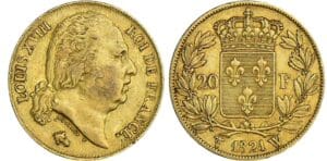 20 francs Louis XVIII au buste nu - 1821 W (Lille)