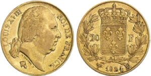 20 francs Louis XVIII au buste nu - 1824 MA (Marseille)