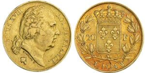 20 francs Louis XVIII au buste nu - 1824 W (Lille)