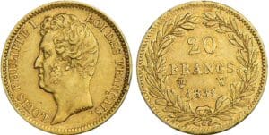 20 francs Louis-Philippe Ier tête nue - tranche en relief - 1831 W (Lille) 20 francs Louis-Philippe Ier tête nue - tranche en relief - 1831 W (Lille)