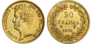 20 francs Louis-Philippe Ier - tête nue - tranche en relief - 1831 W (Lille) 20 francs Louis-Philippe Ier - tête nue - tranche en relief - 1831 W (Lille)